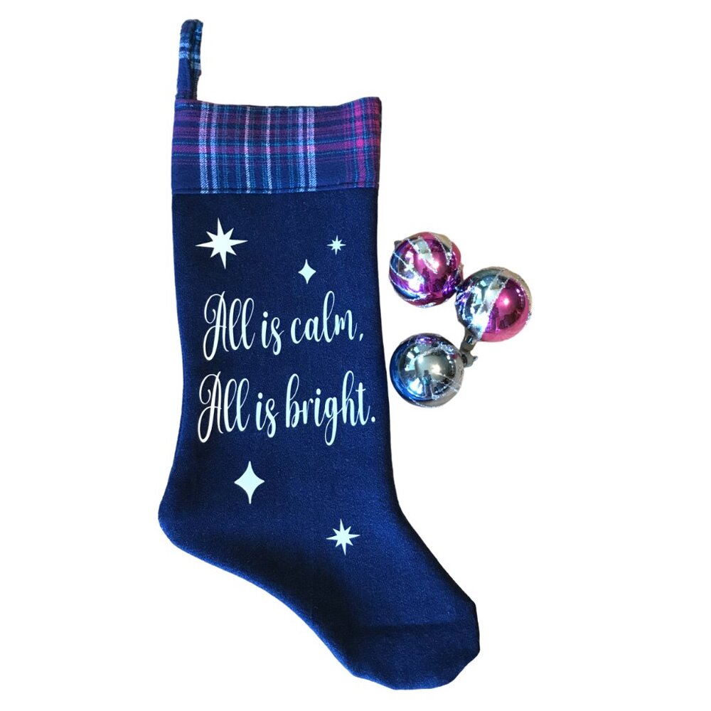 Denim Christmas Stocking, Old Fashioned Holiday Home Decor Silent Night Lyrics